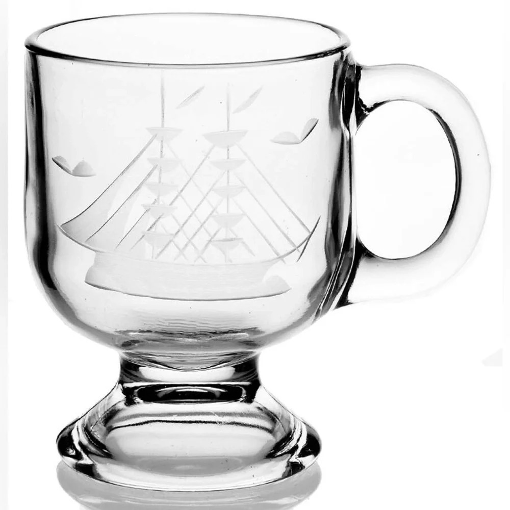 4 Clipper Ships Nautical Boats Hand Cut Javit Crystal Footed Glass Mugs